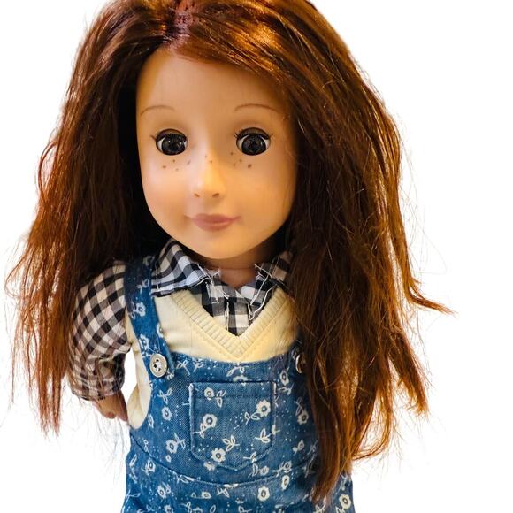 Our Generation Battat 18” Doll Brown Hair Sleep Eyes Blue Floral Overalls 2000's - Picture 3 of 6